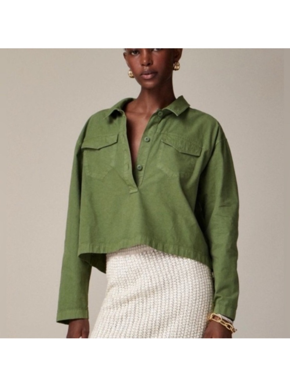 J.Crew Popover Cropped Shirt Sz M Cotton Linen Blend Green Denim Utility Boxy - Picture 2 of 10